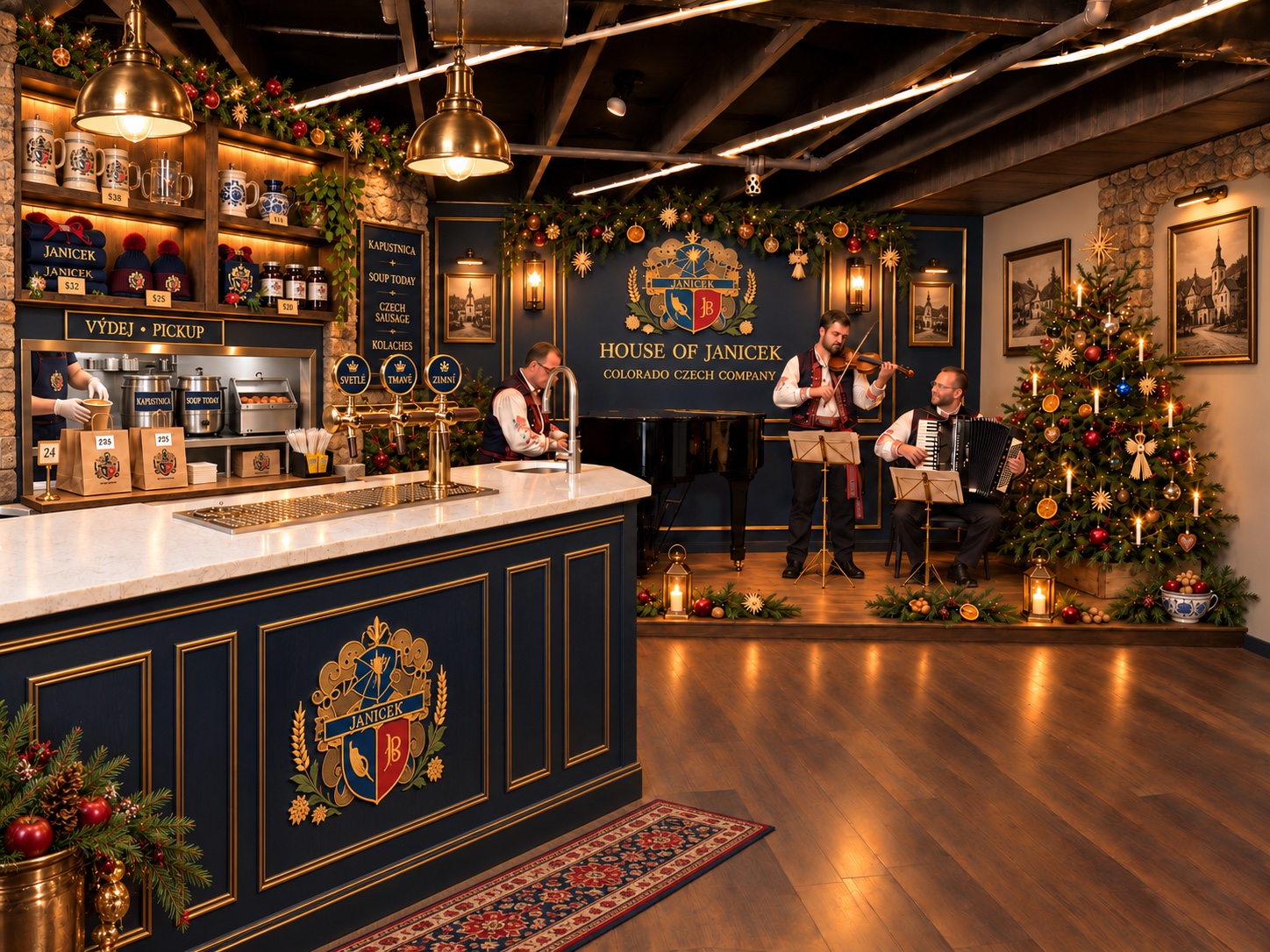 Colorado Czech Company concept showing Czech beer taps, kolaches, market goods and live Czech musicians