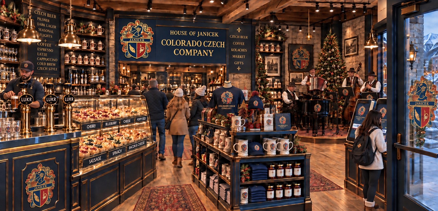 House of Janicek and Colorado Czech Company concept with Czech beer taps, kolache cases, market goods and a live music stage